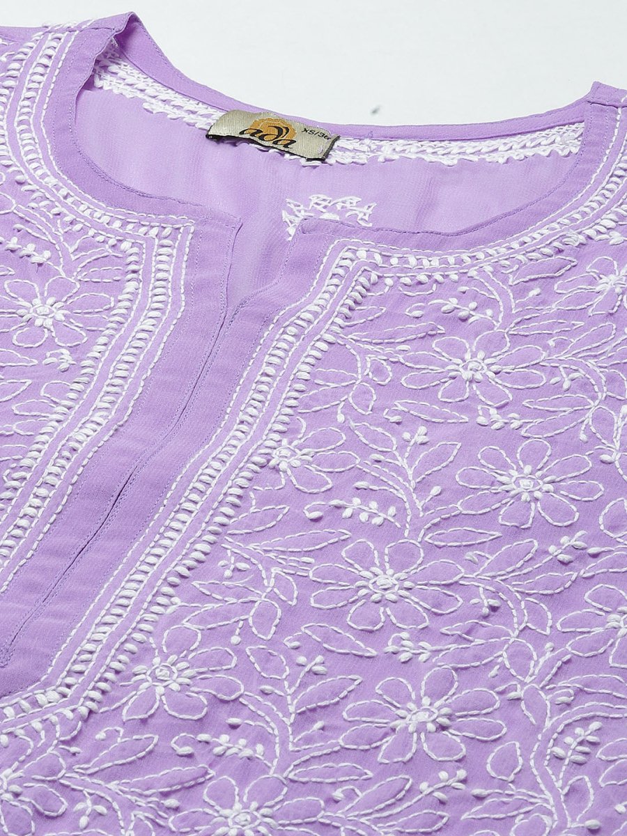 ADA Women Purple & White Ethnic Motifs Embroidered Chikankari Georgette Kurta | Grocsy