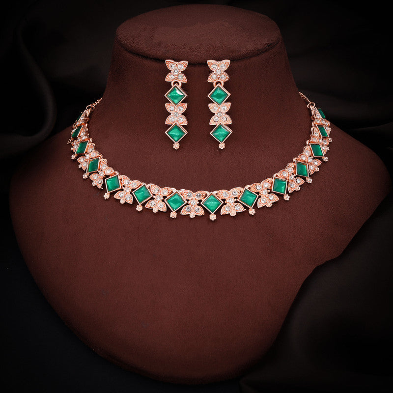Tehzeeb Creations Rose Gold-Polished Green Choker Necklace With Dangle Earrings | Grocsy