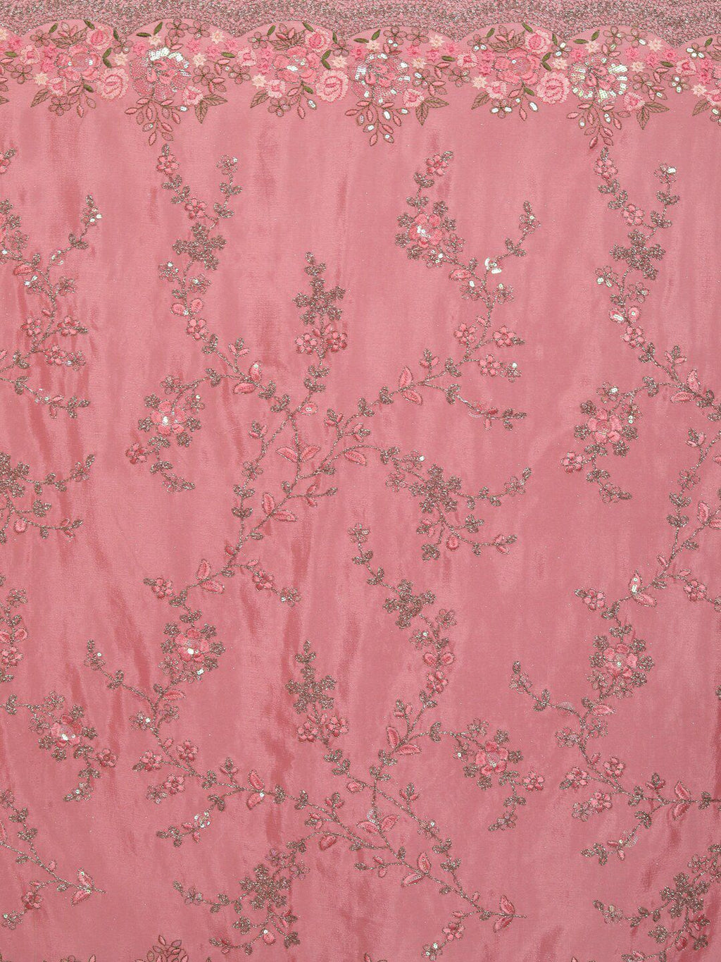 kasee Pink & Green Floral Sequinned Pure Chiffon Saree | Grocsy