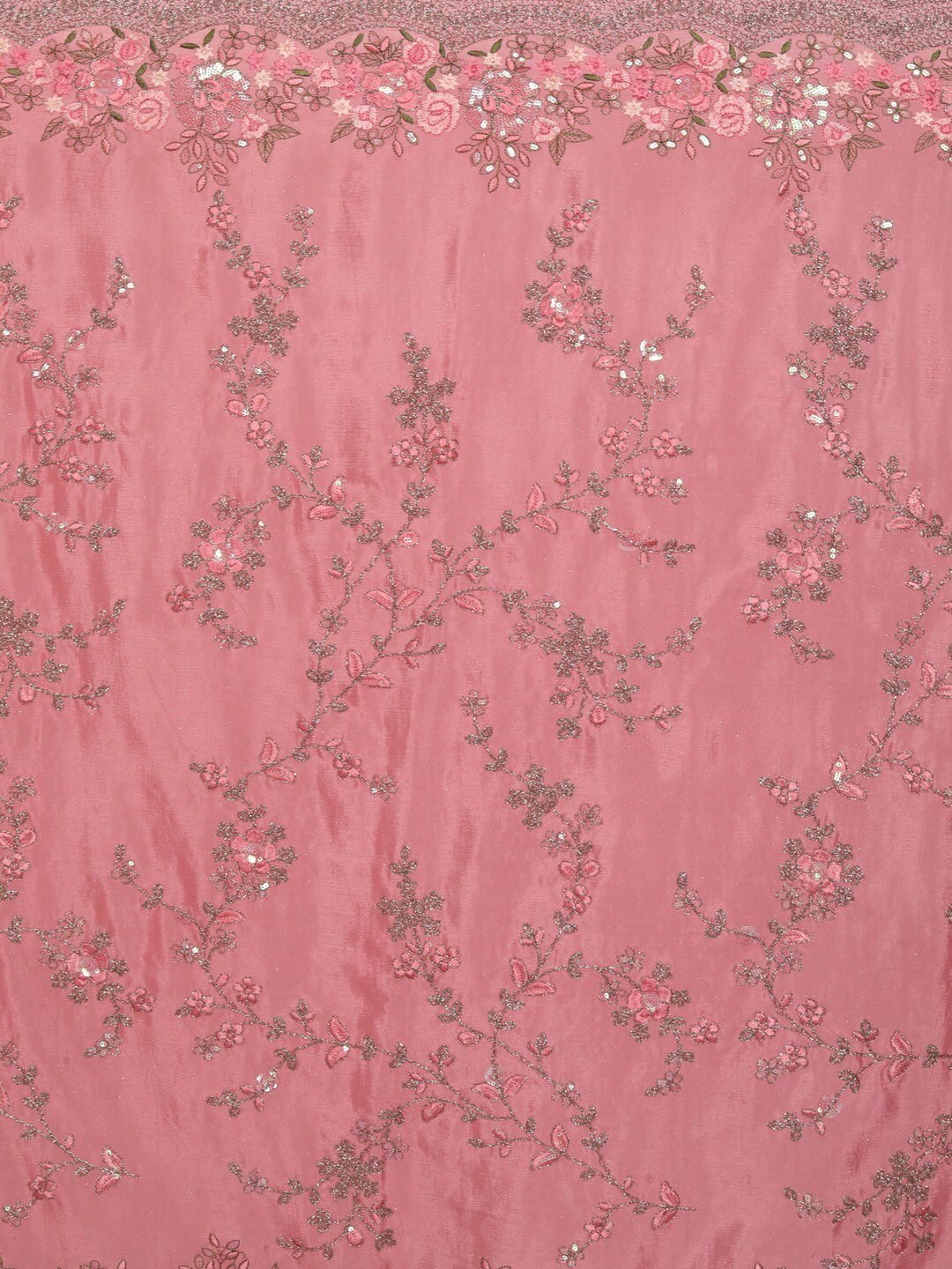 kasee Pink & Green Floral Sequinned Pure Chiffon Saree | Grocsy