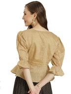 Juniper Women Gold Chanderi Silk Printed Peplum Blouse | Grocsy
