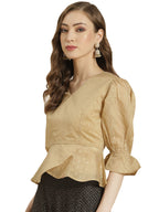 Juniper Women Gold Chanderi Silk Printed Peplum Blouse | Grocsy