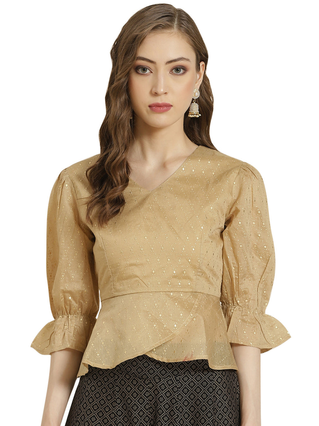 Juniper Women Gold Chanderi Silk Printed Peplum Blouse | Grocsy