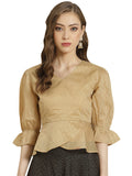 Juniper Women Gold Chanderi Silk Printed Peplum Blouse | Grocsy