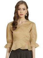 Juniper Women Gold Chanderi Silk Printed Peplum Blouse | Grocsy