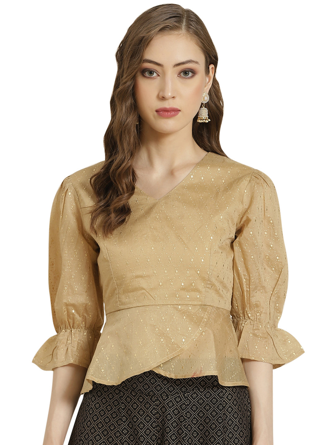 Juniper Women Gold Chanderi Silk Printed Peplum Blouse | Grocsy