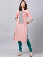 Souchii Women Peach-Coloured & Blue Ethnic Motifs Yoke Design Thread Work Pastels Kurta | Grocsy