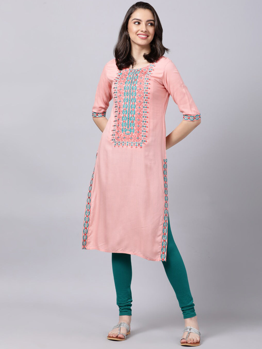 Souchii Women Peach-Coloured & Blue Ethnic Motifs Yoke Design Thread Work Pastels Kurta | Grocsy