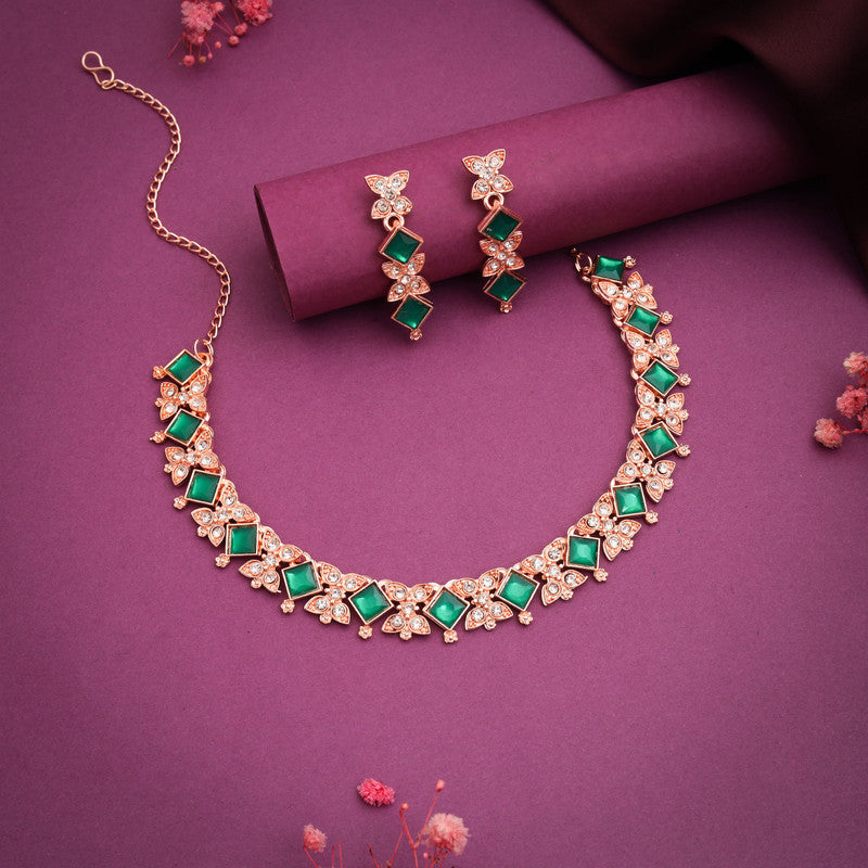 Tehzeeb Creations Rose Gold-Polished Green Choker Necklace With Dangle Earrings | Grocsy