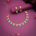 Tehzeeb Creations Rose Gold-Polished Green Choker Necklace With Dangle Earrings | Grocsy