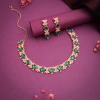 Tehzeeb Creations Rose Gold-Polished Green Choker Necklace With Dangle Earrings | Grocsy