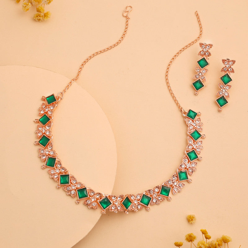 Tehzeeb Creations Rose Gold-Polished Green Choker Necklace With Dangle Earrings | Grocsy