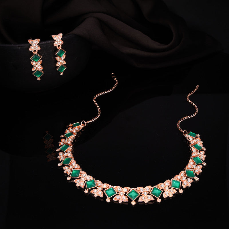 Tehzeeb Creations Rose Gold-Polished Green Choker Necklace With Dangle Earrings | Grocsy