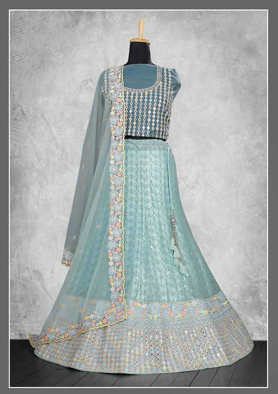 Sky Blue Net Embroidery & Thread Work Bridal lahenga Choli with Dupatta - Nimaya Pavitra Rista | Grocsy