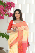 Beatitude Yellow Slub Cotton Floral Jamdani Saree | Grocsy