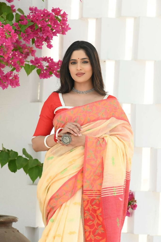 Beatitude Yellow Slub Cotton Floral Jamdani Saree | Grocsy