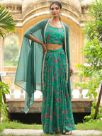 Janasya Green Georgette Floral Top Bottom Cape | Grocsy
