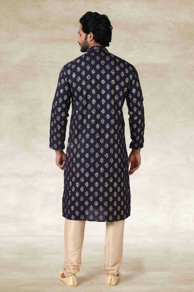 Raivat Ethnic Cotton Printed Work Kurta Pajama In Navy Blue Colour | Grocsy