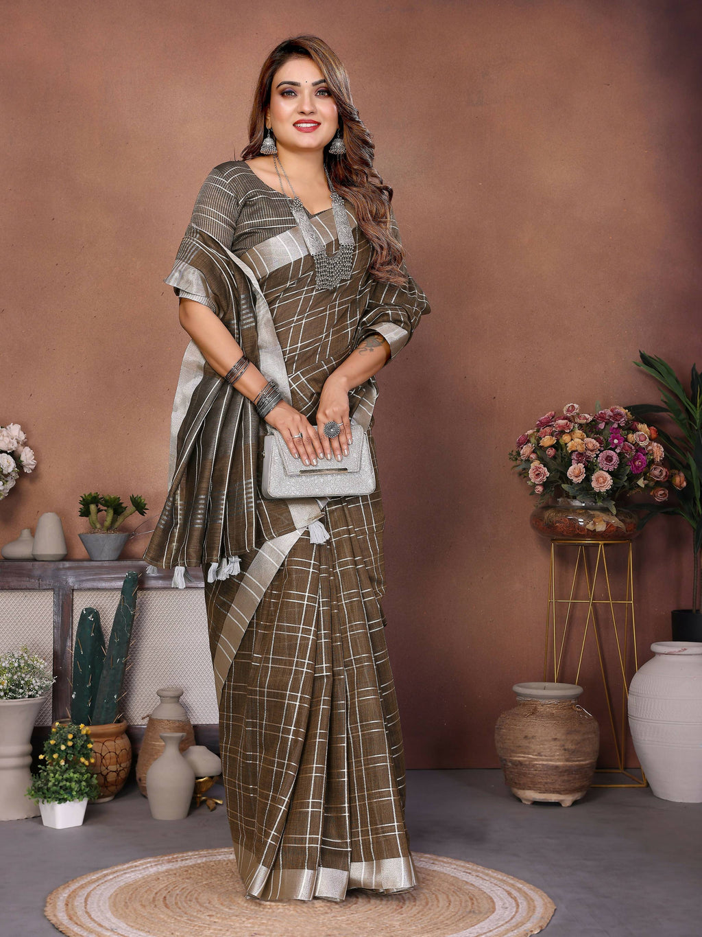 Aastha Fashion Light Brown Linen Weaving Saree | Grocsy