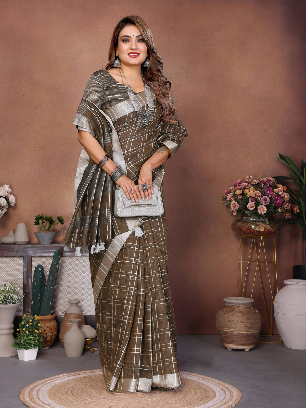 Aastha Fashion Light Brown Linen Weaving Saree | Grocsy