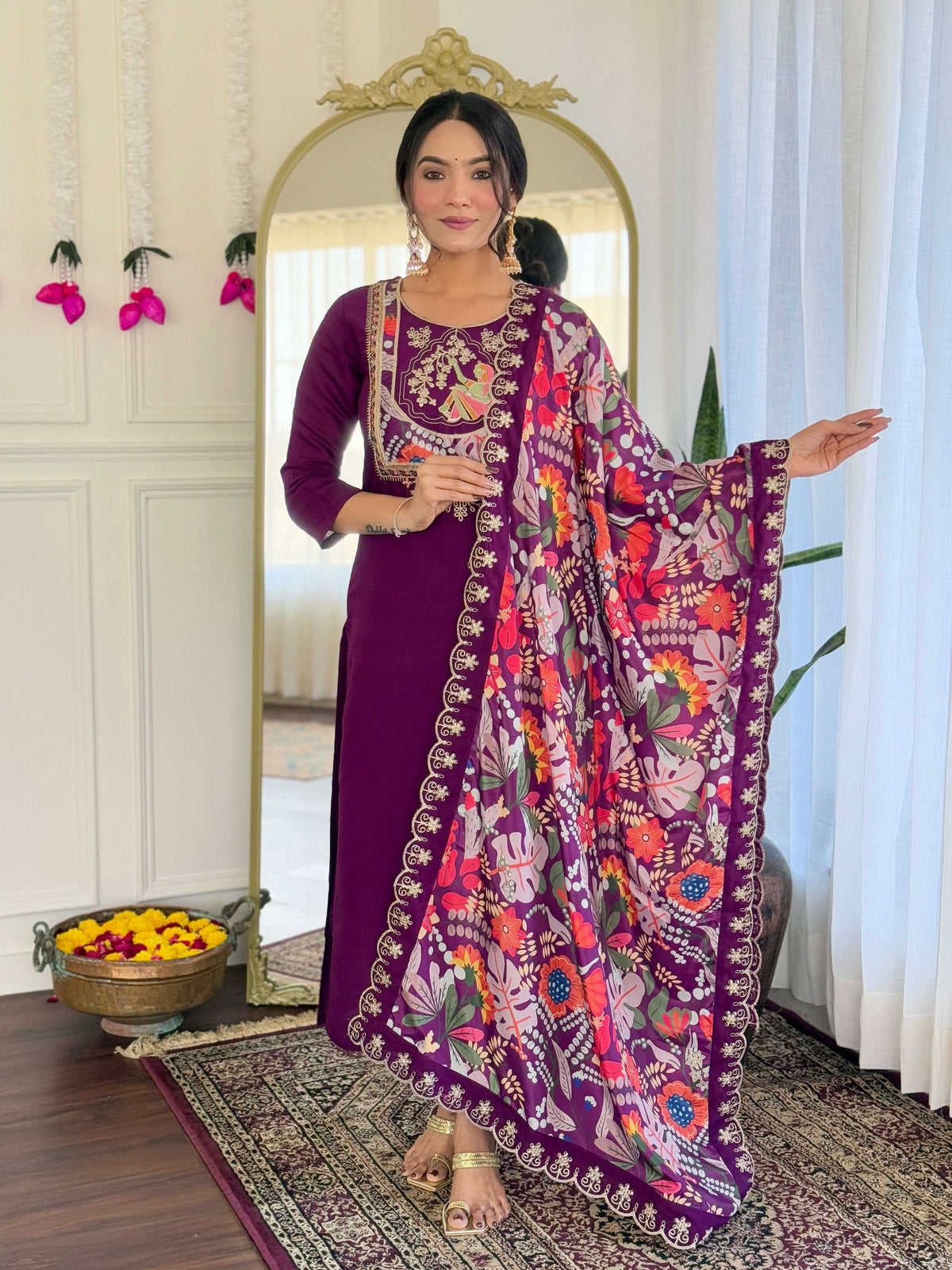 The52 Women's Viscose Chanderi Fabric Straight Kurta, Pant and Dupatta Set | Grocsy