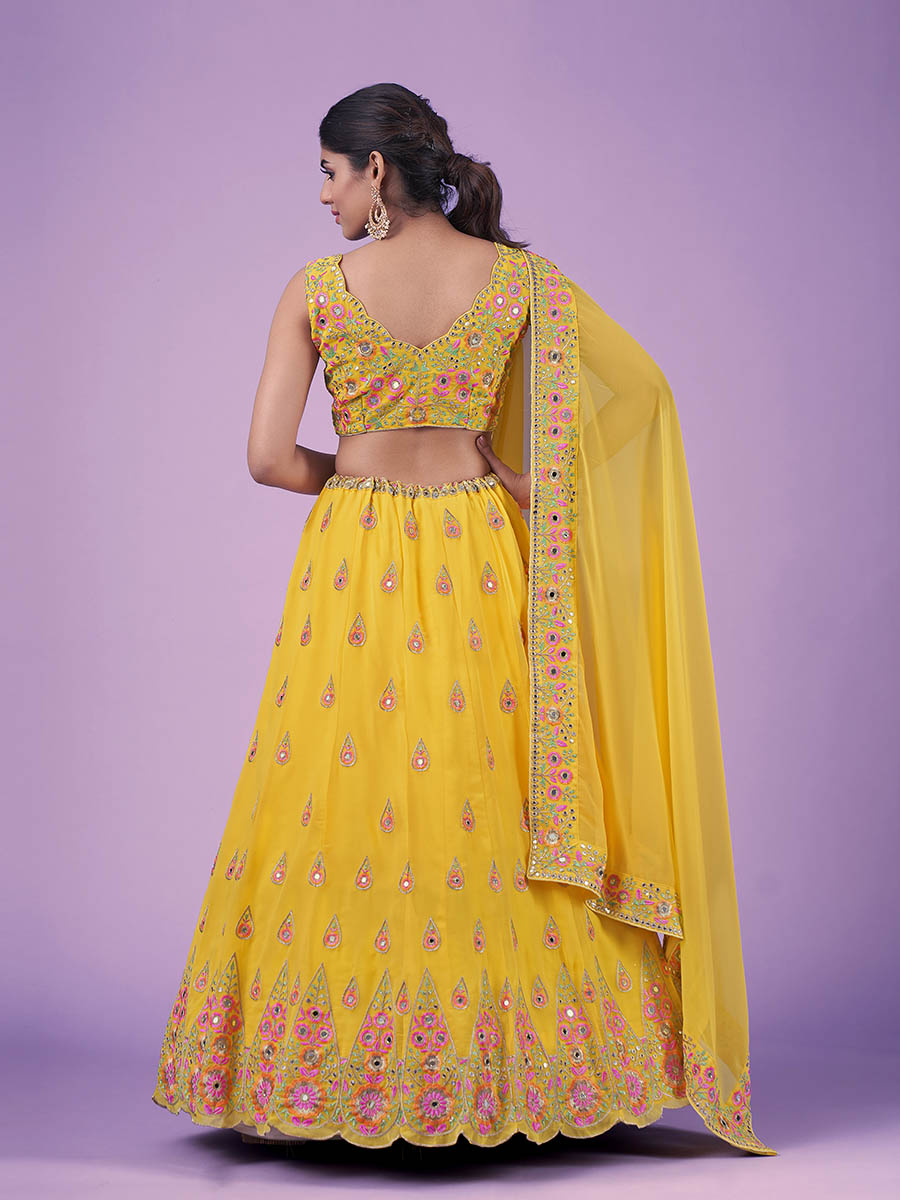 Myra Yellow Georgette Embroidered Designer Lehenga | Grocsy