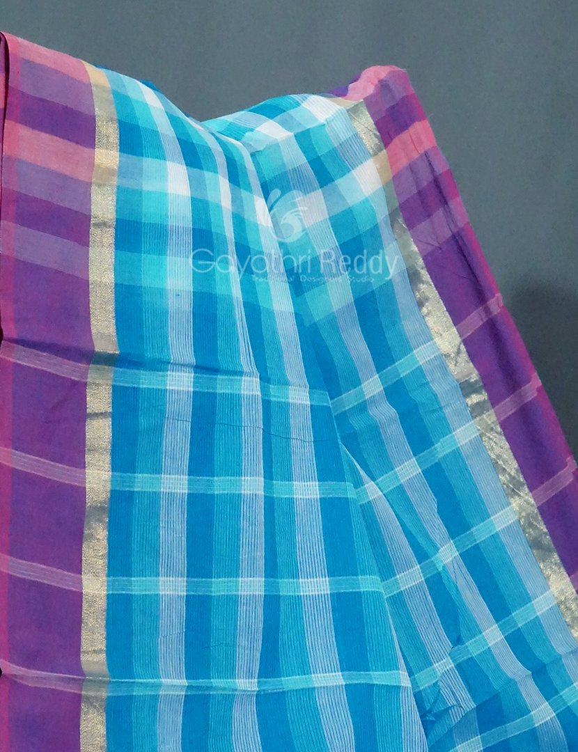 Sky Blue With Checks Pure Mangalgiri Cotton Saree By Gayathri Reddy Designer Studio | Grocsy