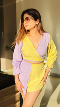Noroke Sustainable fabric | Linen Cotton Front Tie Linen Co-Ord Set Women - Purple Yellow | Grocsy