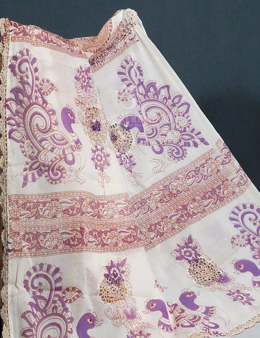 Cream Colour Block Print Crocia Mulmul Cotton Saree By Gayathri Reddy Designer Studio | Grocsy