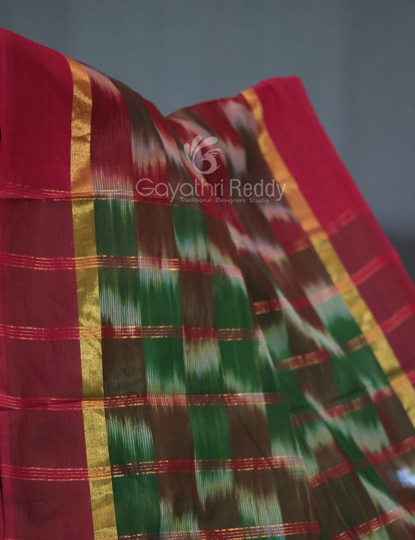 Dual Shades of Maroon And Brown Mangalagiri Ikkat Cotton Saree By Gayathri Reddy Designer Studio | Grocsy