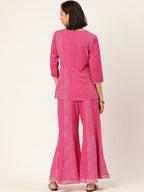 HERE&NOW Women Pink Leheriya Printed Pure Cotton Kurti With Palazzo And Dupatta | Grocsy