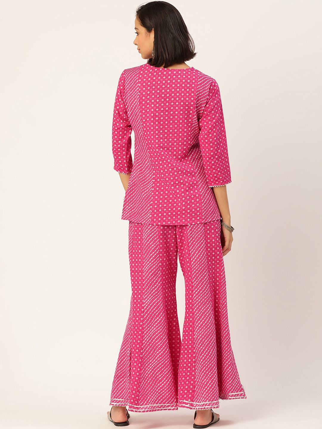 HERE&NOW Women Pink Leheriya Printed Pure Cotton Kurti With Palazzo And Dupatta | Grocsy