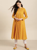 Sangria Women Mustard Yellow & Red Printed A-Line Kurta | Grocsy