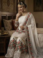 Teeya Creation White Fendy Silk Heavy Embroidery Work Party Wear Sharara Suit | Grocsy