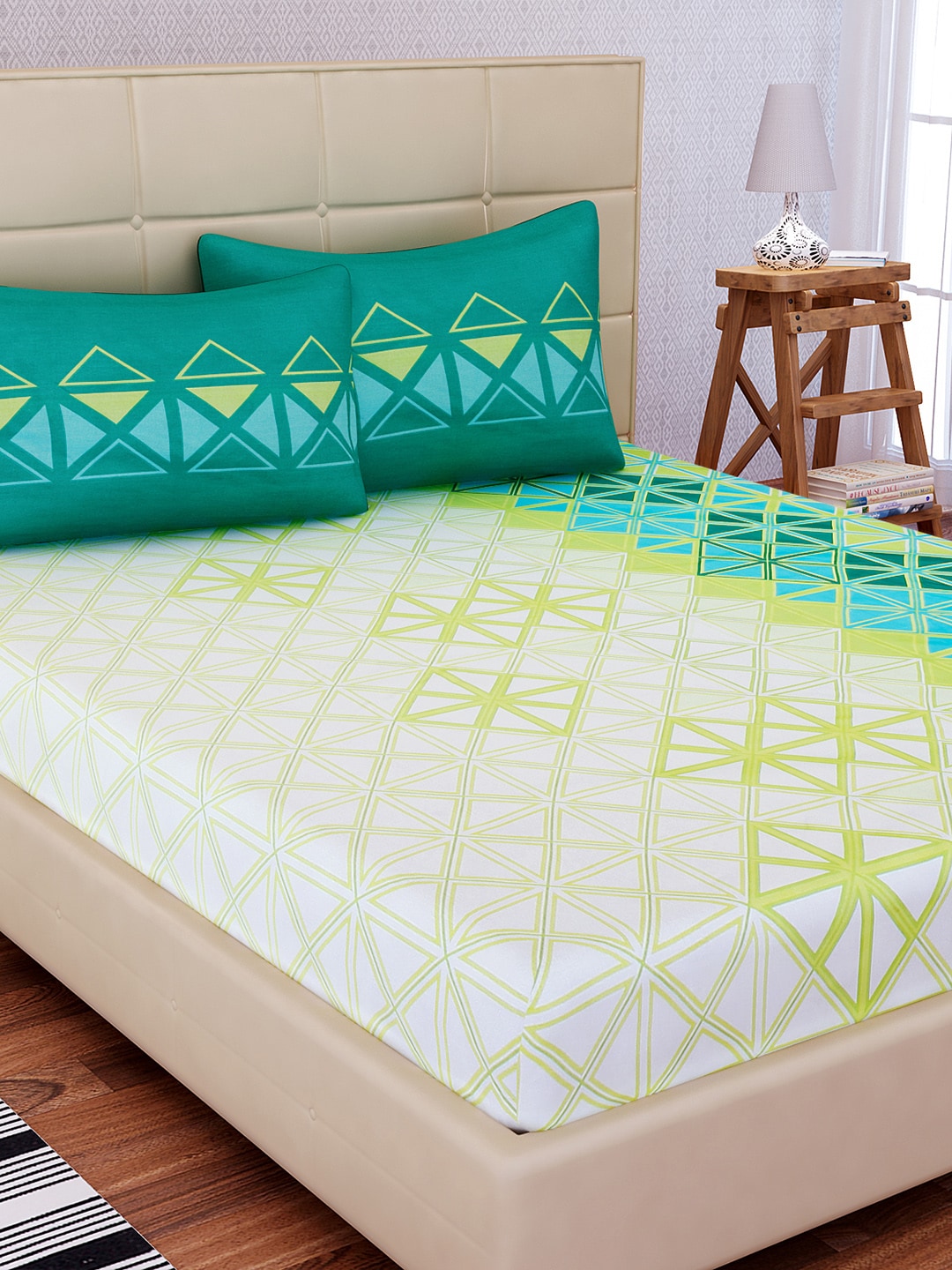 SEJ by Nisha Gupta Off-White Geometric Flat 144 TC 1 Double Bedsheet 2 Pillow Covers | Grocsy