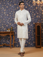 House of Pataudi Men Off White Geometric Embroidered Mirror Work Kurta | Grocsy