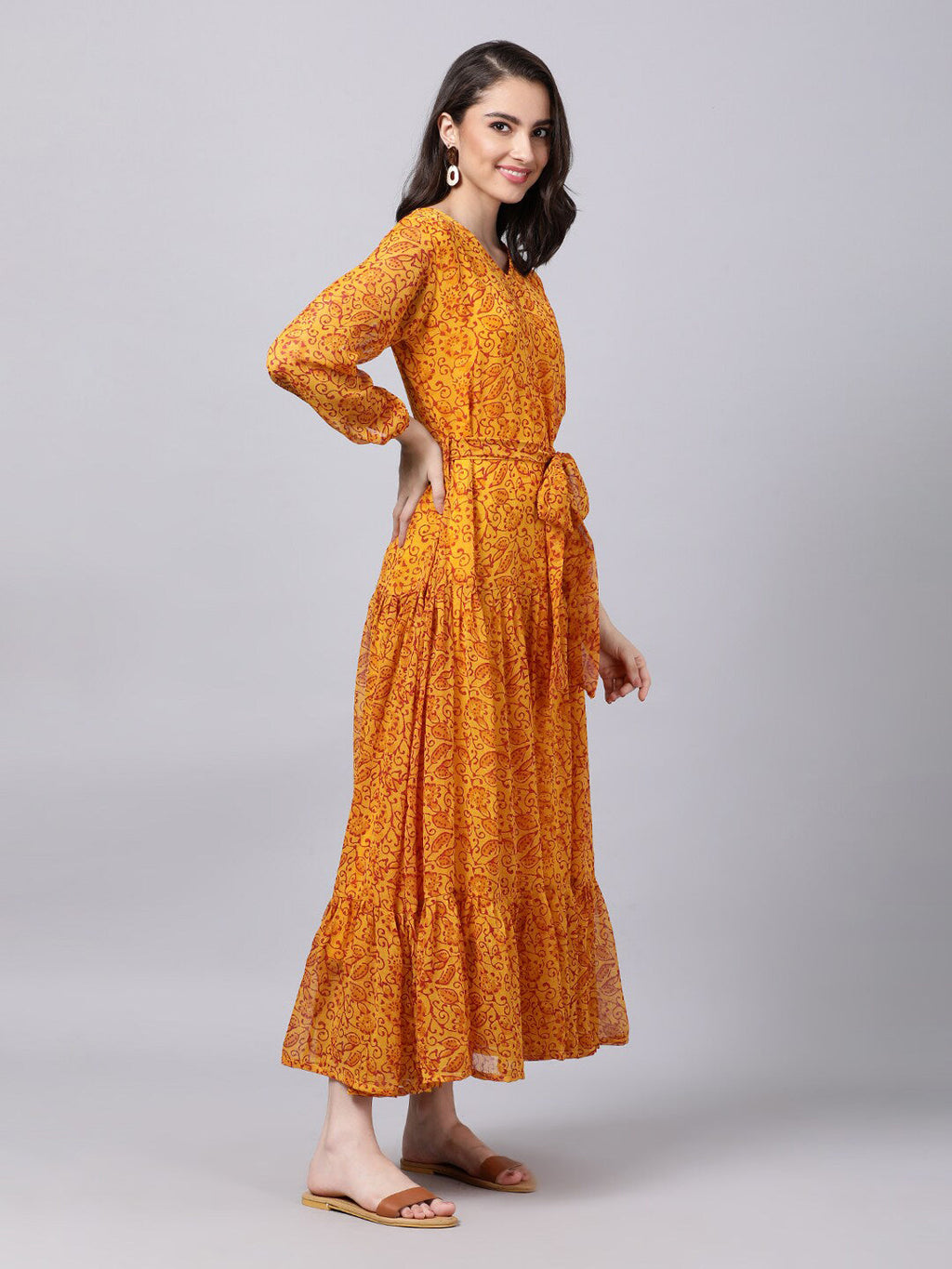 Souchii Yellow Floral Layered Chiffon Maxi Dress | Grocsy