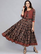 Aks Ethnic Motifs Printed Pure Cotton Anarkali Kurta With Jacket | Grocsy