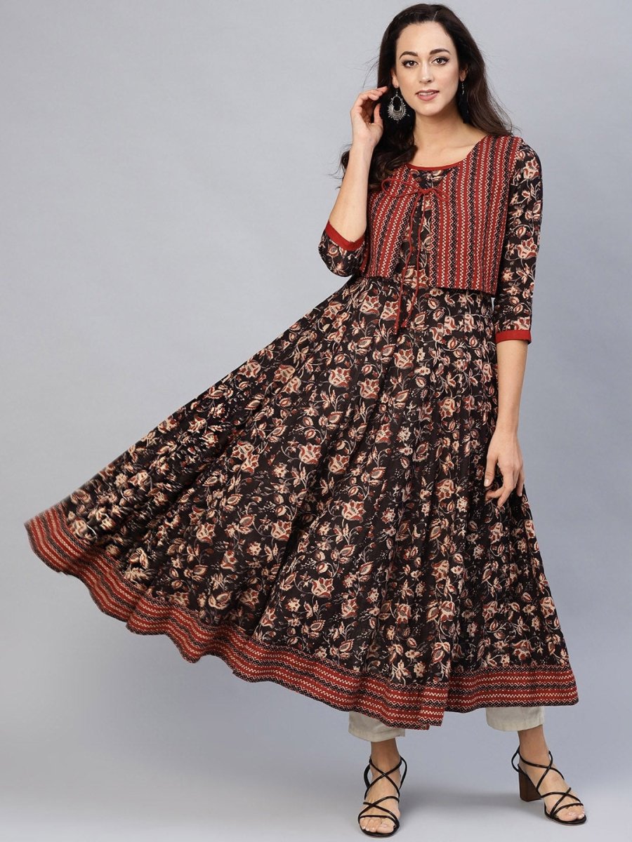 Aks Ethnic Motifs Printed Pure Cotton Anarkali Kurta With Jacket | Grocsy