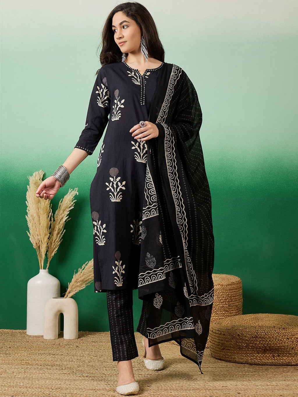 Sangria Notch Neck Printed Pure Cotton Kurta With Trousers & Dupatta | Grocsy