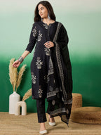 Sangria Notch Neck Printed Pure Cotton Kurta With Trousers & Dupatta | Grocsy