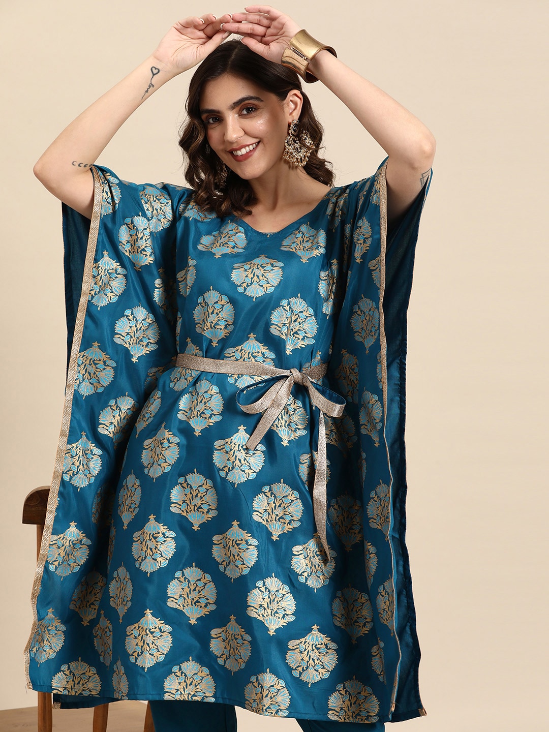 Sangria Ethnic Motifs Printed Gotta Patti Kurta with Trousers | Grocsy