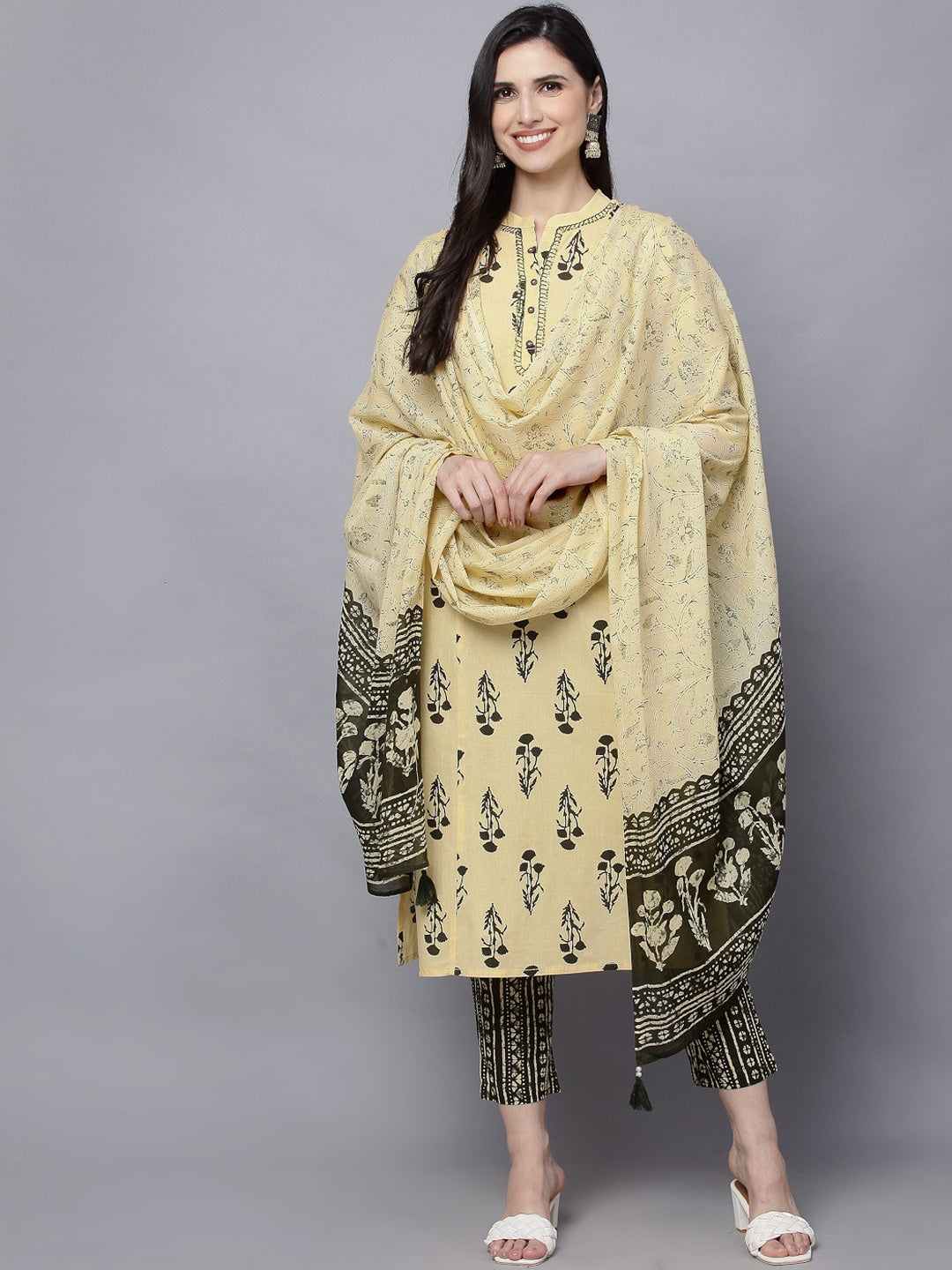 HERE&NOW Women Yellow Ethnic Motifs Printed Pleated Pure Cotton Kurti with Trousers & With Dupatta | Grocsy