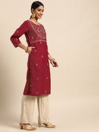 Sangria Women Red Yoke Design Sequined Kurta | Grocsy