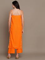 HERE&NOW Striped Mirror Work High Slit Kurta with Palazzos | Grocsy