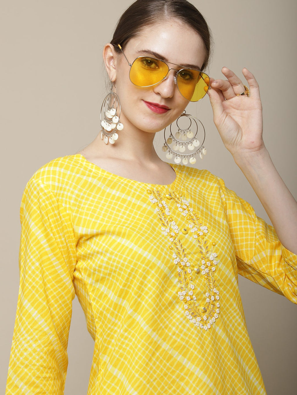 Sangria Women Yellow & White Embellished Cotton Straight Kurta | Grocsy