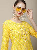 Sangria Women Yellow & White Embellished Cotton Straight Kurta | Grocsy