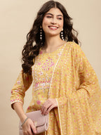 Sangria Yellow & Pink Floral Printed Pure-Cotton Straight Kurta With Trouser & Dupatta | Grocsy