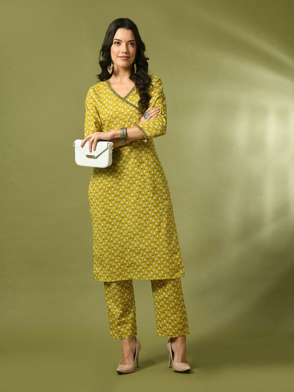 Myshka Women's Yellow Printed Cotton Straight Party Kurta Set | Grocsy