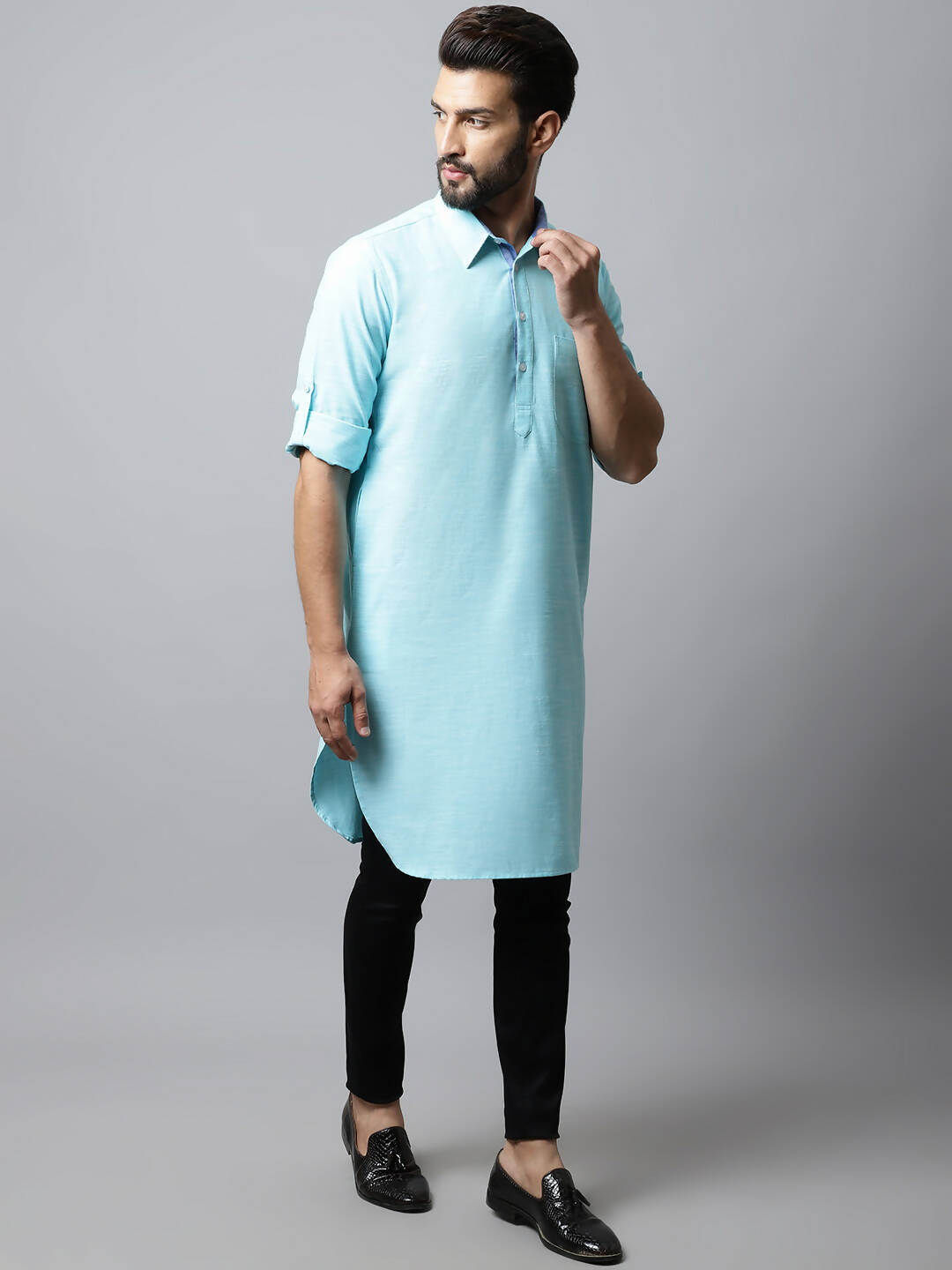 Even Apparels Blue Color Pure Cotton Solid Men's Kurta With Shirt Collar (SLD1132) | Grocsy